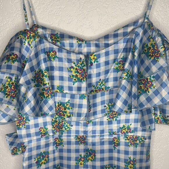 New ALESSANDRA RICH Off-Shoulder Floral Dress Medium Blue Gingham IT40/Small - Picture 7 of 16